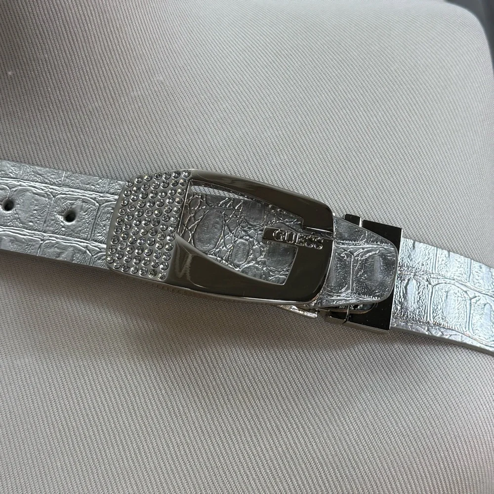 GUESS Silver Belt Rhinestone Buckle Metallic Faux Leather 38- 42 Waist